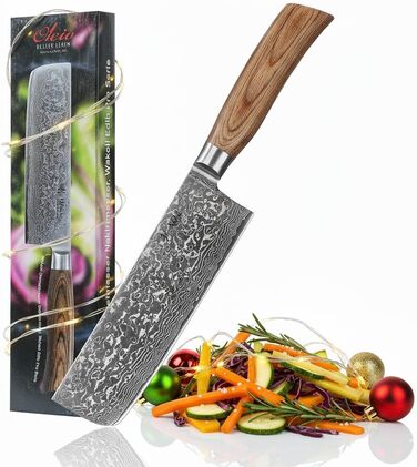 Японський ніж Wakoli EDIB Pro Nakiri з дамаської сталі (серцевина VG10), 18 см - гострий, точний та ергономічний. Ніж з ручкою з паккавуду в подарунковій коробці - для овочів та зелені, срібний.