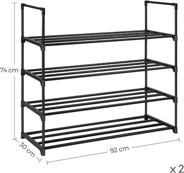 Полиця для взуття 4 рівня, комплект з 2 шт. , полиця для взуття металева, місце для зберігання взуття, органайзер для взуття на 16-20 пар взуття, штабельований, для передпокою, вітальні, спальня, 30 х 92 х 74 см, чорний LSA08BK 2 4 рівня (30 х 92 х 74 см)