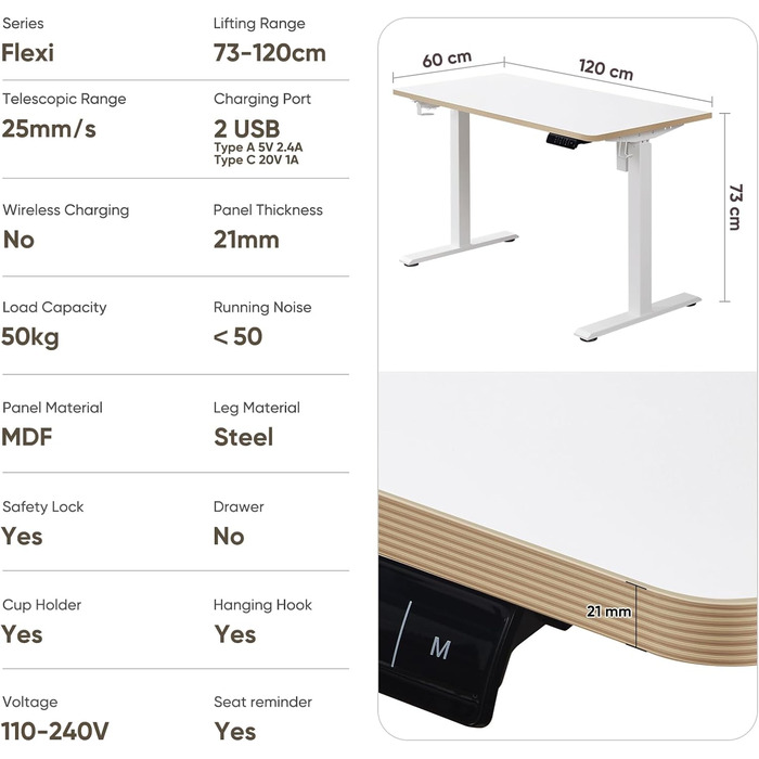 Електричний стіл Kowo 1,6 м з регулюванням висоти, ергономічний стіл сидячи, комп'ютерний стіл зі стільницею, стоячий стіл 160x70 см з USB-портами типу кондиціонера для ігор, офісу, навчання (120 см, білий)