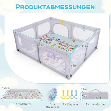 Манеж для дітей DREAMADE 189x158 см з матрацем, кільцями, 50 кульками, сумкою, захисний паркан для малюків 0-3 років, світло-сірий