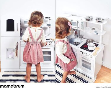 Дитяча дерев'яна кухня Mamabrum з LED-підсвічуванням. Регульована висота, набір з аксесуарами (крижанка, мікрохвильова піч, плита, посудомийна машина). Іграшка для дітей від 3 років (кухня для хлопчиків та дівчаток, білий колір)