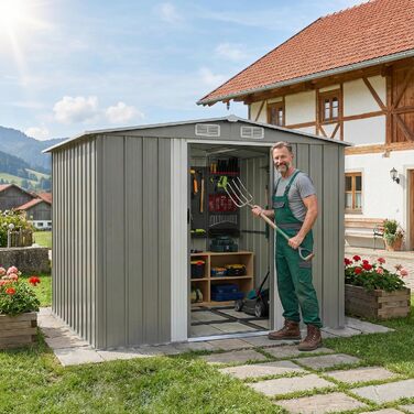 Сарай металевий Devoko 96x98x160 см для саду та двору з похилим дахом, сталевий, з рукавичками, сірий (L)