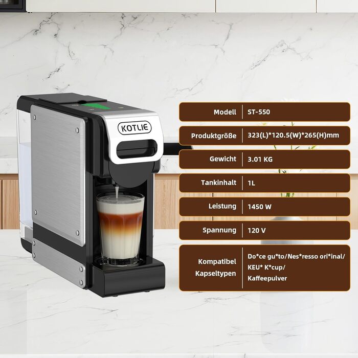 Кавомашина KOTLIE ST-550 Multi-Kapsel: 4-в-1 для Nes Original, Dolce Gusto, Mio та з меленої кави, 19 Bar, 7 рівнів