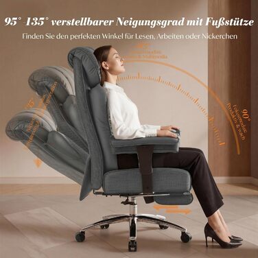 Офісний крісло Efomao XXL 200 кг з підставкою для ніг, сіре. Крісло для керівника з екошкіри, висока спинка, регульовані підлокітники, підтримка попереку для дому та офісу.