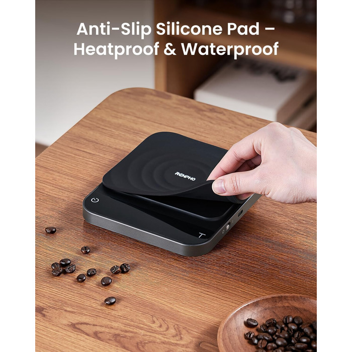 Електрична вага для кави RENPHO з таймером, перезаряджувана, точність 0,1г/3кг, автоматичний таймер, портативна вага для приготування кави Pour-Over та Filter, чорний, 192*167 мм