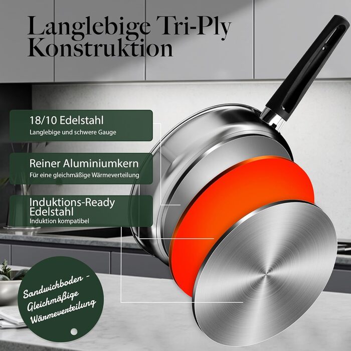 Набір каструль 6 шт. з нержавіючої сталі для індукційних плит, Cookware Set, нержавіюча сталь, без антипригарного покриття, сумісний з усіма типами плит, з кришкою та захистом від опіків, для посудомийної машини