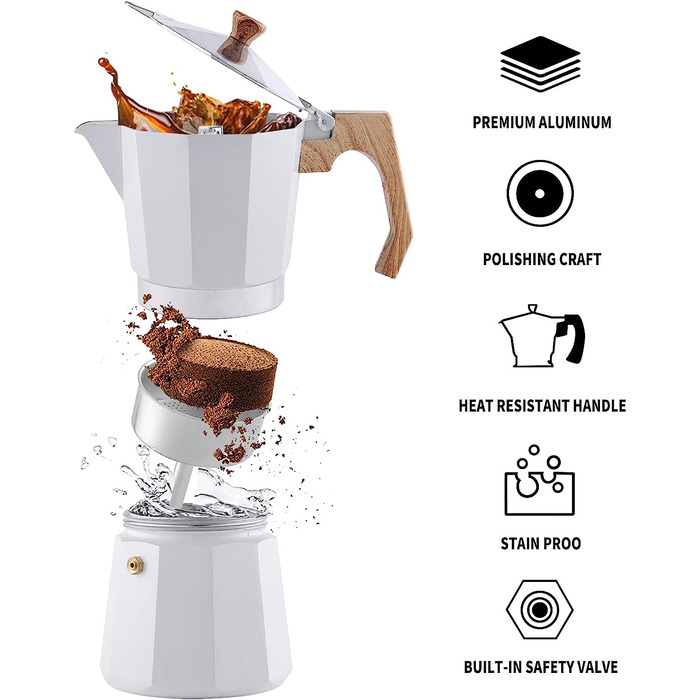 Еспресо-машина для приготування напоїв, Італійська еспресо-машина для приготування мокко, еспресо-машина для приготування мокко, 300 мл, з захистом від опіків, Ручна дерев'яна ручка, алюміній, (9 чашок, білий)
