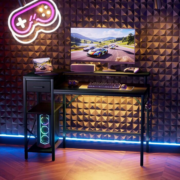 Ігровий стіл Oak & Tea 120x52 см з ящиками, регульованою полицею та підставкою для монітора – для роботи, навчання та геймінгу, коричнево-чорний