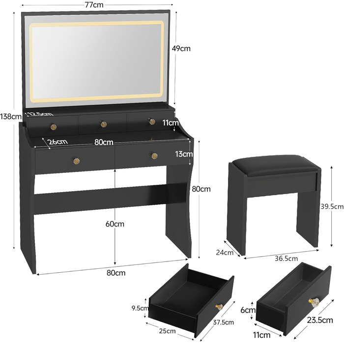Трюмо COMHOMA з підсвічуванням, дзеркалом та прихованою LED-смугою, зі стільцем та 5 висувними ящиками, з розеткою, 3 колірні температури та регульована яскравість, білий (чорний)