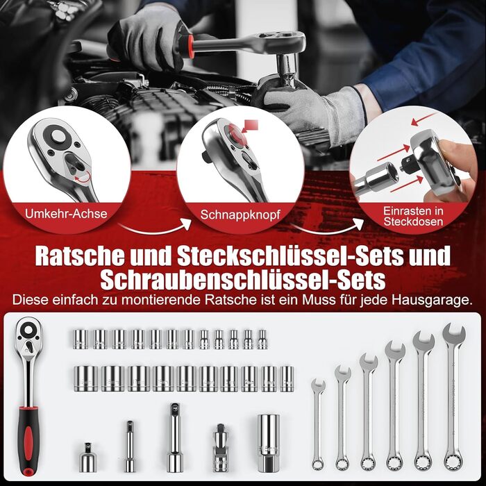 Набір інструментів Sundpey 379 предметів у кейсі з висувним ящиком, універсальний набір для дому та ремонту, червоний (132 предмети)