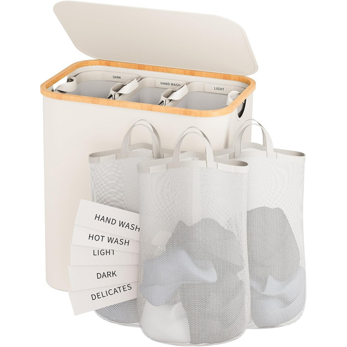 Кошик для білизни з кришкою, 160 л, сортер для брудної білизни на 3 відділення з виймальними внутрішніми кишенями та етикетками, бежевий