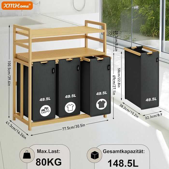 Кошик для білизни з 3 відділеннями, 148 літрів, з бамбука, 2 яруси, великий кошик для білизни з винімним мішком, прямокутна коробка для ванної, спальні та пральні, 77.5x41.3x100.5CM, Бежевий (Темно-сірий)