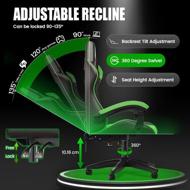 Ігровий крісло Bigzzia - ергономічне комп'ютерне крісло для геймерів з підголівником, RGB підсвічуванням, для підлітків та дорослих (чорно-зелене, без LED)