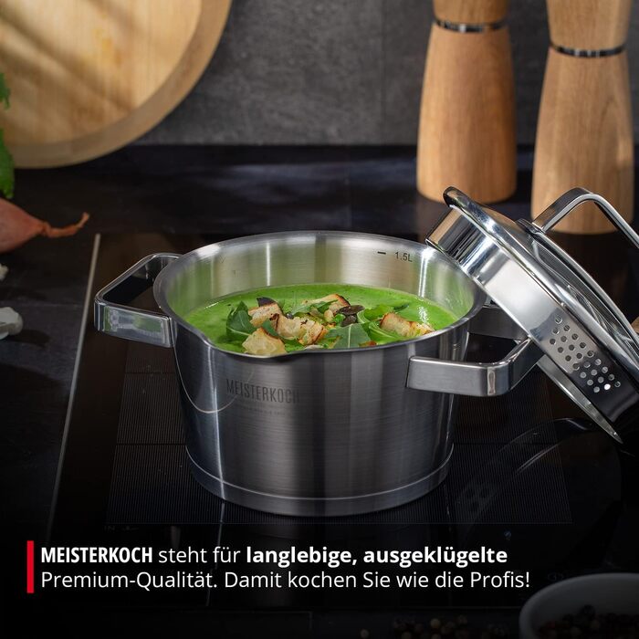 Каструля Meisterkoch з нержавіючої сталі 16 см з виливом, мірною шкалою та ізольованою ручкою | з кришкою з скла та ситом | кухонне приладдя, підходить для індукційних плит
