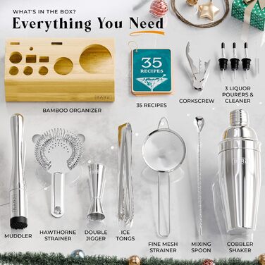 Набір для приготування коктейлів BARE BARREL® Mixology Barkeeper Kit: 14 предметів, 35 рецептів, професійний барний інвентар для дому