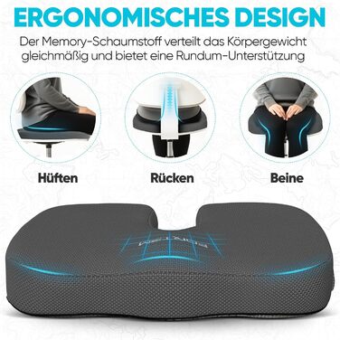 Подушка для сидіння FORTEM: м'яка, з піною з пам'яті, для офісного, ігрового крісла, авто, комп'ютерного крісла. Нековзна, знімний чохол сірого кольору.