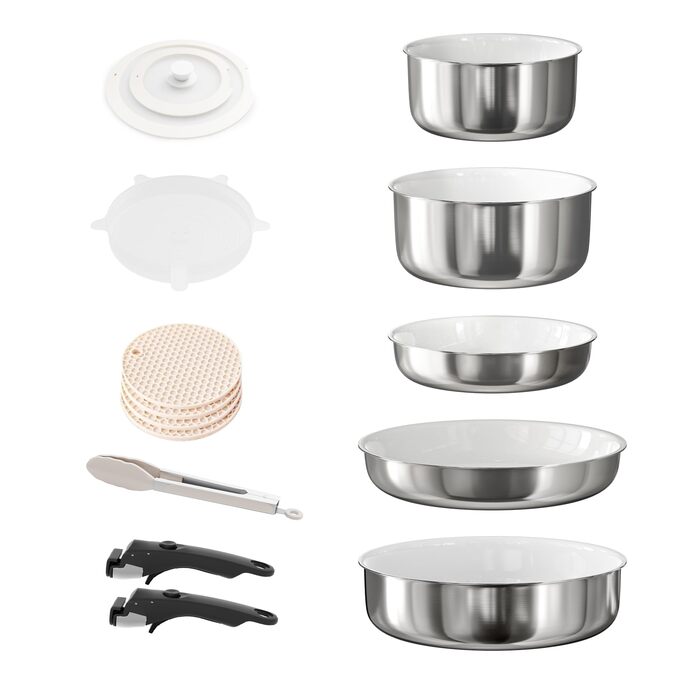 Набір посуду RIOVARM з індукційним покриттям: каструлі та сковороди з знімними ручками, антипригарне гранітне покриття, складна конструкція, кришки з силікону, без PFOA, 16 предметів з нержавіючої сталі