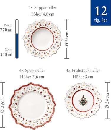 Villeroy & Boch Toy's Delight: Сніданок на двох - сервіз для двох осіб (6 предметів), білий/червоний. Ідеальний для святкування Різдва! Преміум-посуд з порцеляни.