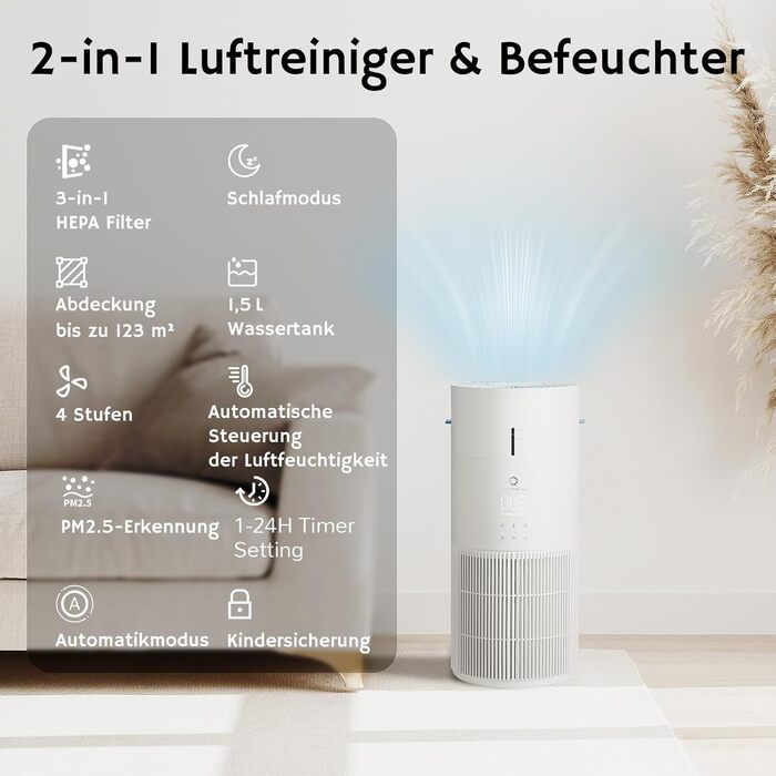 Повітряочищувач та зволожувач Airthereal AEH300: 2-в-1 для приміщень до 125 м², 3-ступенева фільтрація, індикатор якості повітря, нічний режим, автоматичне зволоження