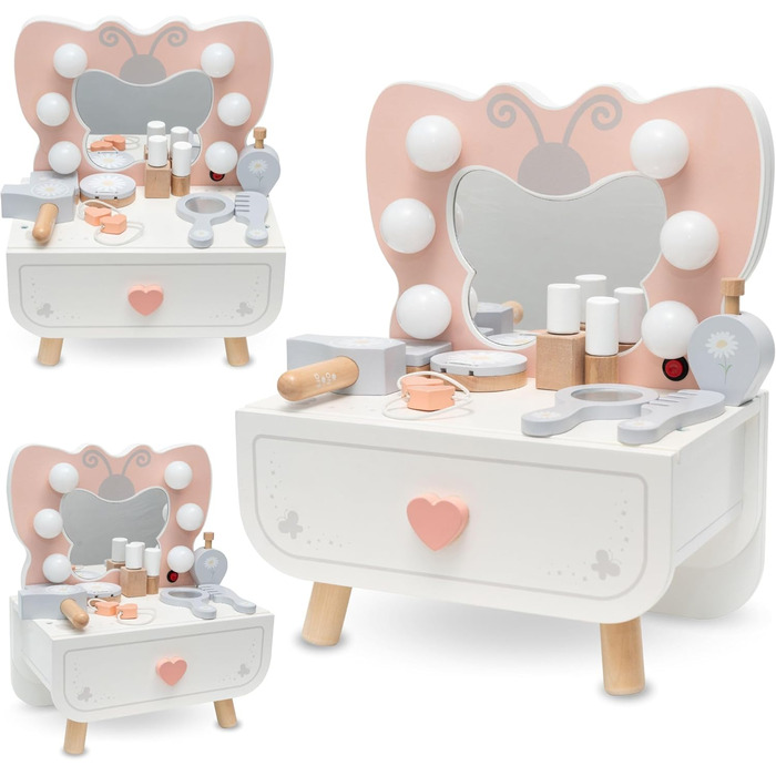 Детський туалетний столик Mamabrum XXL з дерева з пуфом та LED-дзеркалом – для дівчаток від 3 років, з ящиком та аксесуарами для макіяжу, ігровий набір та письмовий стіл (MAM242 DRESSING TAB)