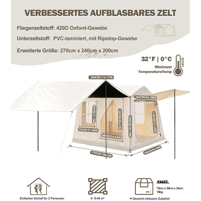 Надувний кемпінговий намет для 2-8 осіб 4 сезони Oxford, з повітряним насосом, швидке встановлення 270x270x200 см, з козирком
