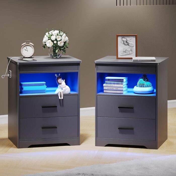 Нічний столик FREDEES з LED-підсвічуванням, ящиком та зарядкою, сірий (2 кольори)