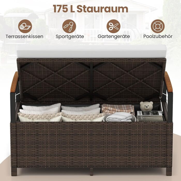 Лавка садова з ротангу COSTWAY з ящиком для зберігання, біла, 2-місна, 120x61x84 см - для балкона, тераси, саду