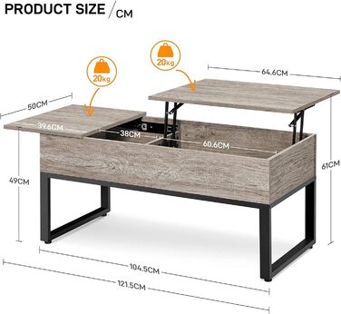 Журнальний столик Yaheetech з регульованим по висоті верхнім підйомом Верхній журнальний столик Стіл для вітальні Окремий прихований диванний стіл для зберігання Міцний металевий каркас (сірий)