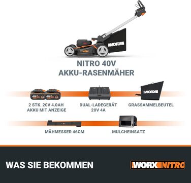 Акумуляторний газонокосарка WORX WG749E 40V PowerShare з радіоприводом, безщітковий двигун, ширина зрізу 46 см, 7 положень висоти зрізу, чорний (Modern), з акумулятором та зарядним пристроєм