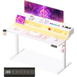 Офісний стіл для геймінгу OffiGo, 140 см, регульована висота, RGB LED, розетки, 3 полиці, тримач для напоїв та навушників, поверхня з карбону, білий колір
