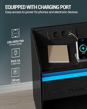 Комплект приліжкових тумб Hzuaneri з LED-підсвіткою, USB-зарядкою та розетками, 2 шухляди, чорний, для спальні та вітальні
