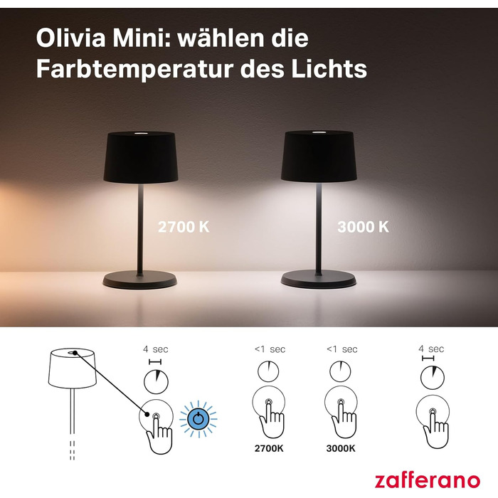 Zafferano Olivia Mini Лампа: Портативна LED-лампа з торканням, 22 см, фіолетовий колір, для дому та вулиці, диммер, 2700-3000K, з зарядним пристроєм (стара версія)