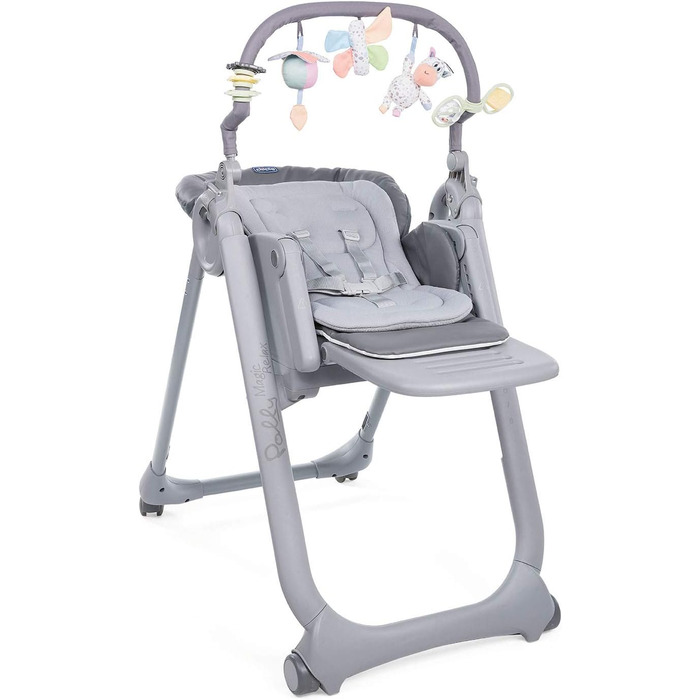 Високий стільчик Chicco Polly Magic Relax з іграшковим столом та зменшувачем для новонароджених, 8 положень по висоті, 4 колеса, Made in Italy, графітовий колір