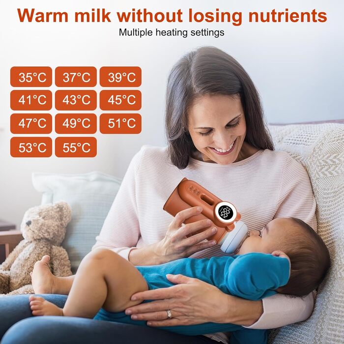Підігрівач молока для дитячих пляшечок з LED-дисплеєм 8000mAh, USB-C зарядка, 6 температурних режимів, синій (Teddy brown)