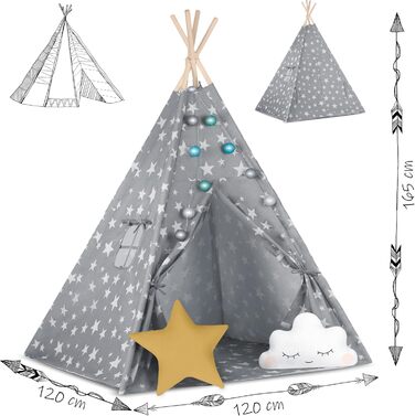 НЮКІДО Палатка для іграшок Tipi з бавовни та дерев'яним каркасом, сіра з зірками, 120x120x165 см