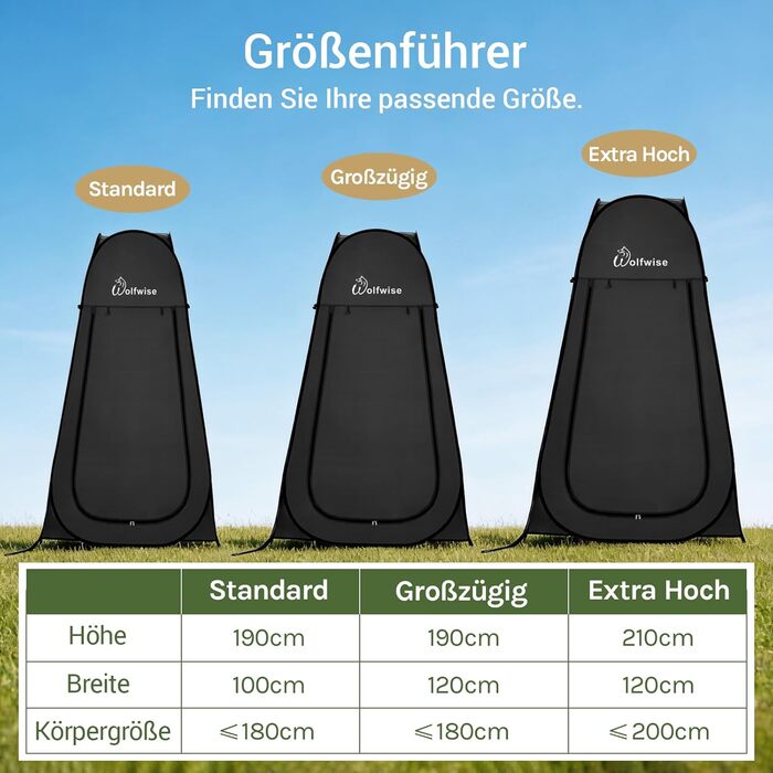 Складаний душовий та роздягальний намет WolfWise для кемпінгу та пляжу, водонепроникний з UV-захистом, 190x100 см, чорний