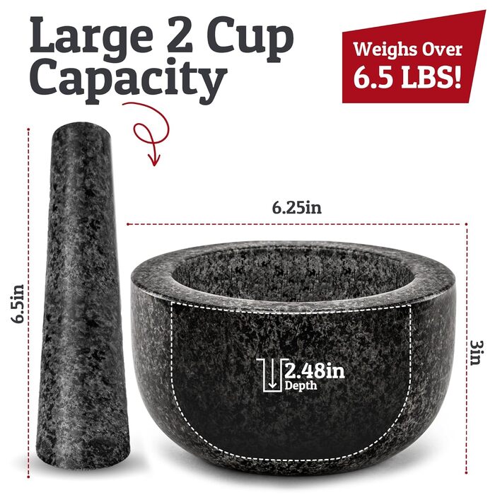 Набір ступки та пестика Priority Chef Heavy Duty Extra Large, 4 чашки, ручна робота з натурального граніту. Для приготування гуакамоле, сальси, песто та інших страв. Об'єм: 2 чашки, чорний колір.