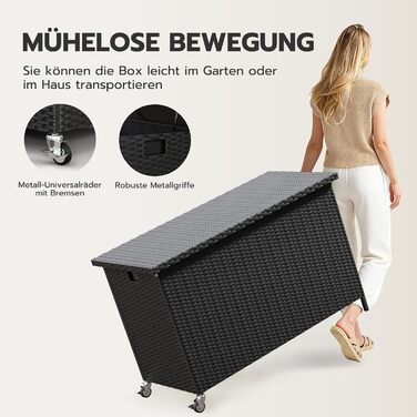 Водонепроникний садовий ящик Amopatio Gartenbox 480л з поліротангу, металевий ящик для подушок на колесах з газліфтом для саду та балкону (чорний)