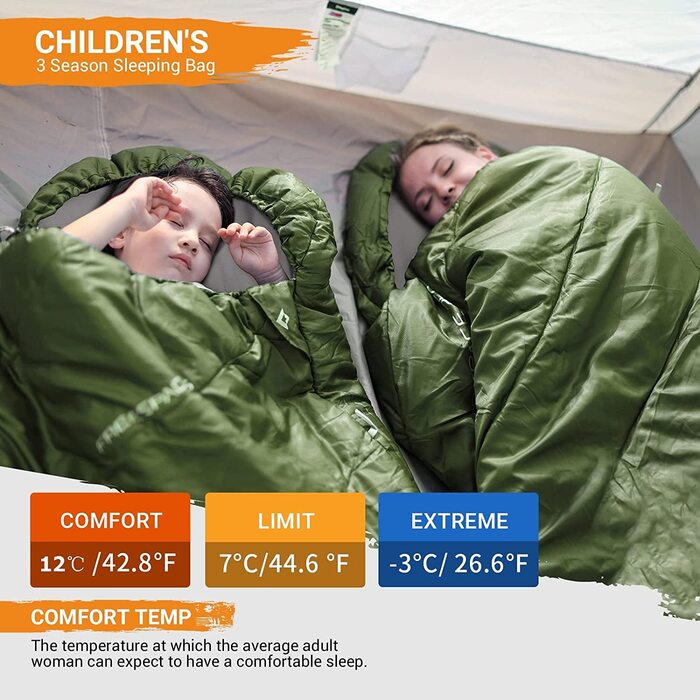 Спальний мішок KingCamp, ковдра, спальні мішки, легкі теплі спальні мішки для дітей і дорослих, для активного відпочинку, для походів 3-4 сезони, з сумкою для перенесення (для дітей 165 x 70 см, оливкового кольору)