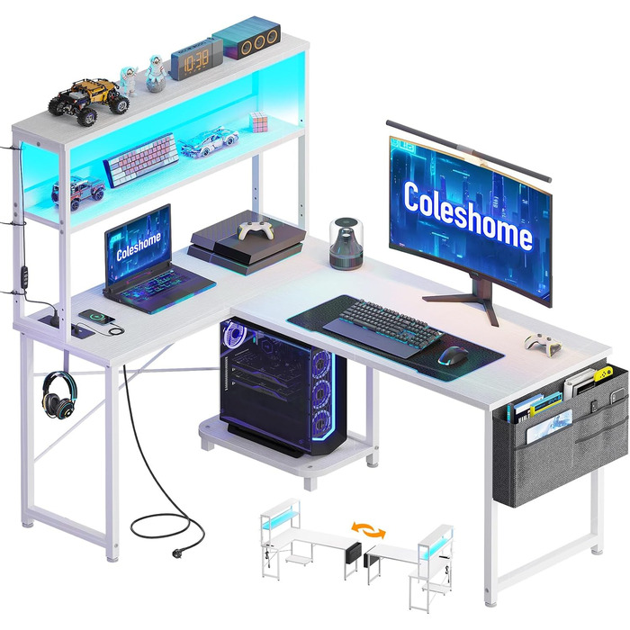 Ігровий стіл Coleshome L-подібної форми з LED підсвічуванням та розетками, 115x80 см. Реверсивний стіл з полицями для зберігання, ігровий кутовий стіл з сумкою для дому та геймінгу.