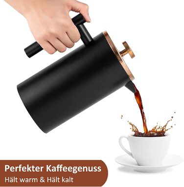 Кавоварка French Press кавоварка об'ємом 1,5 літра з нержавіючої сталі кавоварка French Press Caffettiera з подвійними стінками, ізольована, з 2 додатковими фільтрами, мл (1000, чорний)