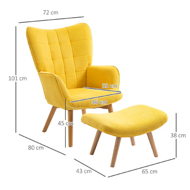 Крісло для відпочинку HOMCOM Recliner Крісло-крило з табуретом жовтого кольору, крісло з дерев'яними ніжками, вельвет Look для зручного сидіння