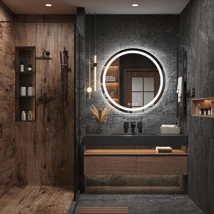 Дзеркало для ванної кімнати з підсвічуванням, 60 см, кругле, з антизапарюючим покриттям, диммер, 3 кольори світла, 60x60 см