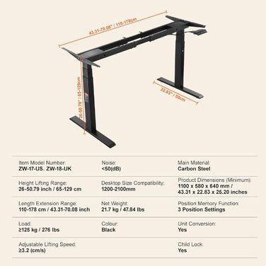 Електричний стіл VEVOR з подвійним мотором, регульована висота 65-129 см та довжина 110-178 см, чорний, для офісу та дому