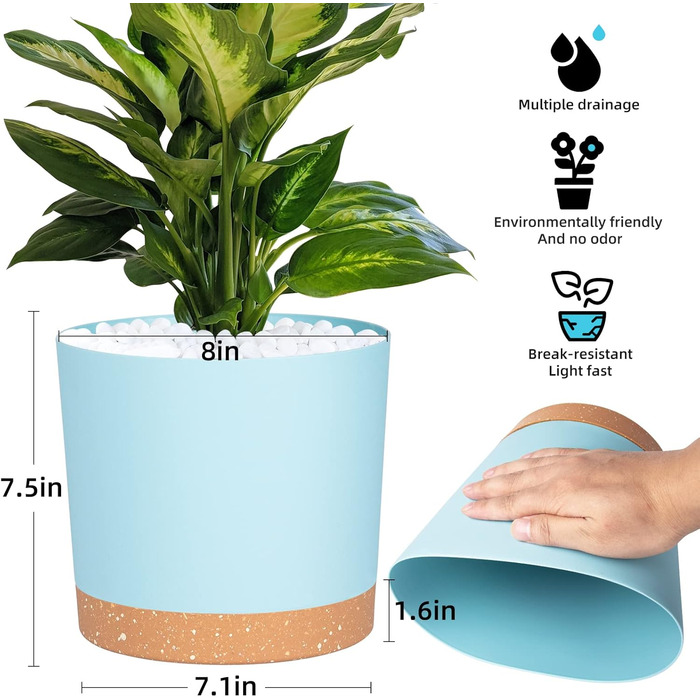 Набір з 2 горщиків для квітів QCQHDU з дренажними отворами та знімним дном, підставки, декоративні, для дому та саду (світло-блакитний, 20.5 см)