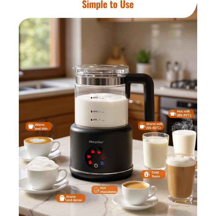 Електричний спінювач молока Morpilot 6-в-1, чорний, 130-500 мл, 600 Вт, для капучино, лате, гарячого шоколаду, миється у посудомийній машині