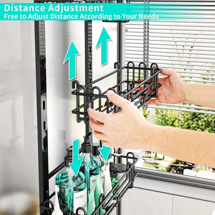 Настінна поличка для душу HapiRm з 4 ярусами, чорна - 22 гачки, 2 тримачі для зубних щіток