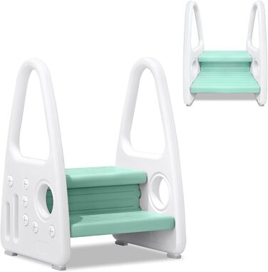 Дерев'яний дитячий табурет-сходинка JNGLGO з 2 ступенів, зелений. Безпечний та зручний для дитячої кімнати, ванної, кухні.
