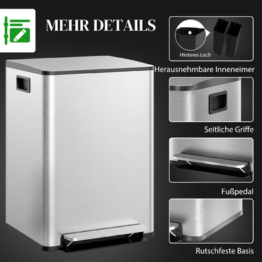 Відро для сміття з двома відсіками по 30 літрів, м'яке закриття кришки, стійке до відбитків пальців, нержавіюча сталь, сріблястого кольору