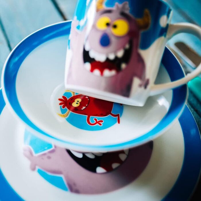 Набір дитячого посуду BIOZOYG з порцеляни (3 шт.): тарілка, чашка, миска. Безпечний, миється в посудомийній машині. Чудовий подарунок для дітей з веселим дизайном (монстр).